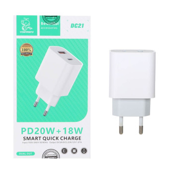 شارژر دیواری 20W فست و PD دو پورت Denmen مدل DC21